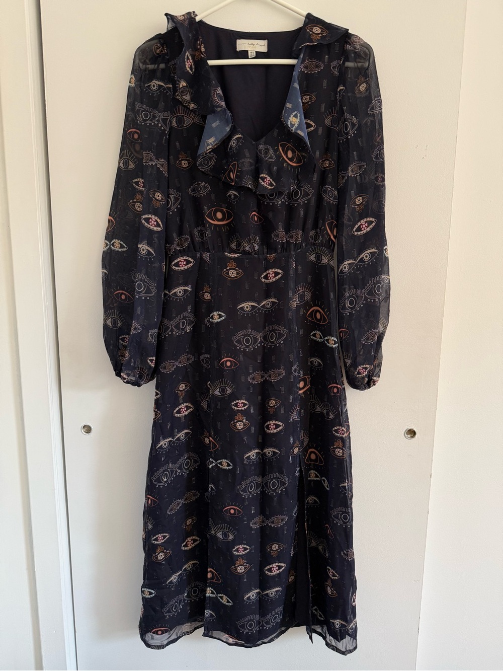 Never Fully Dress- Long Sleeve Midi Length Dress- Navy Eye print- Women- Size 4